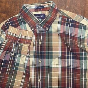 Vintage Gant Foxhunt Plaid Shirt Mens XL Madras Plaid Brown Long Sleeve Blend